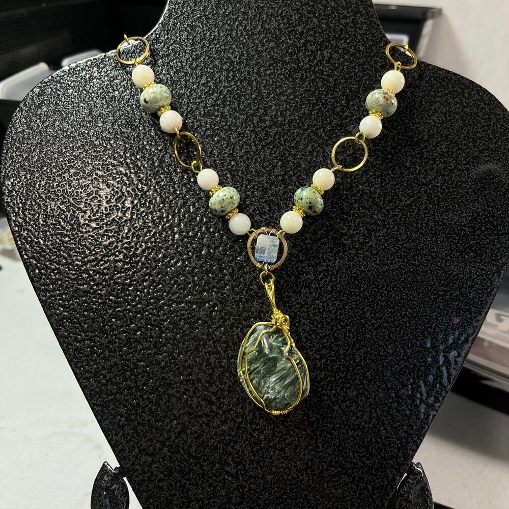 Nephrite Jade 1 1/2" cabochon ocean jasper beads gold wire pendant 20" earrings - Picture 2 of 5